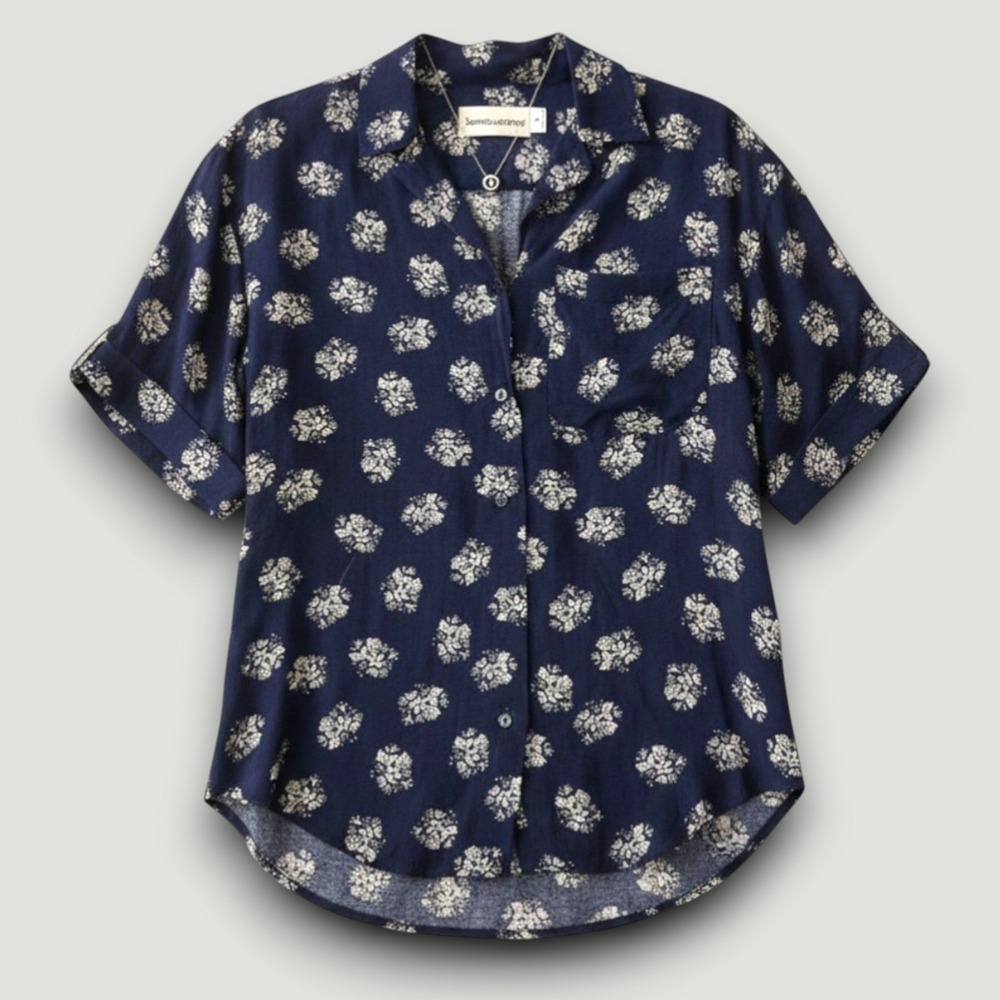 Bonnie & Norma Blouse Womens 4 Navy Blue Floral Button USA Retro, Cottagecore - Picture 2 of 6